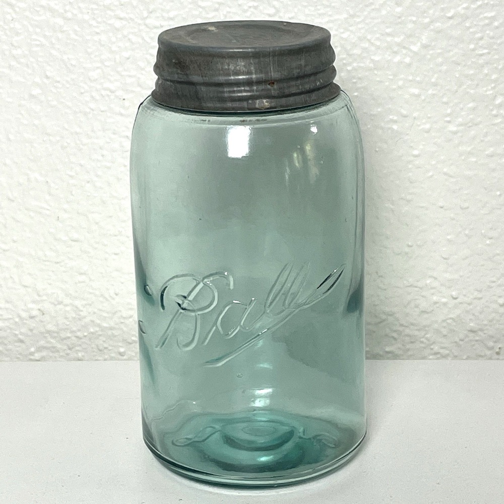 Antique Ball Mason Jar Green Blue Quart Triple L Logo 1900-1910 Zinc Lid